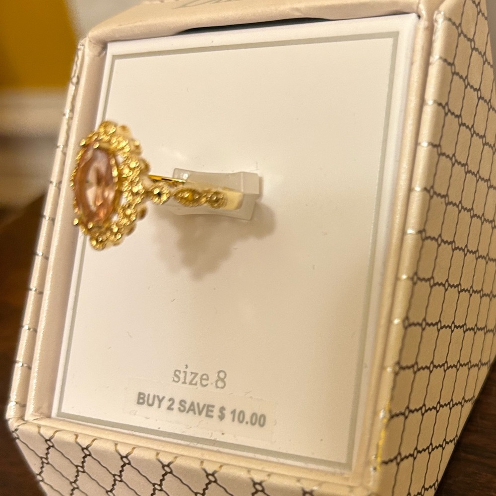 Dillard’s Elegant Gold and Pink Gemstone Ring Marquis Halo Ring Size 8 NIB